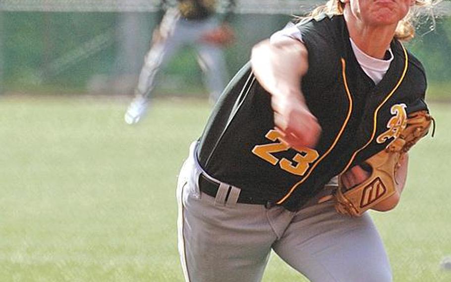 Sophomore Bessie Noll of American School In Japan delivers against Zama American during Monday's pool-play game in the 2011 Far East High School Baseball Tournament at Camp Walker, South Korea. ASIJ routed Zama 11-1, and Noll became the first female pitcher in Far East tournament history to record a pitching win.