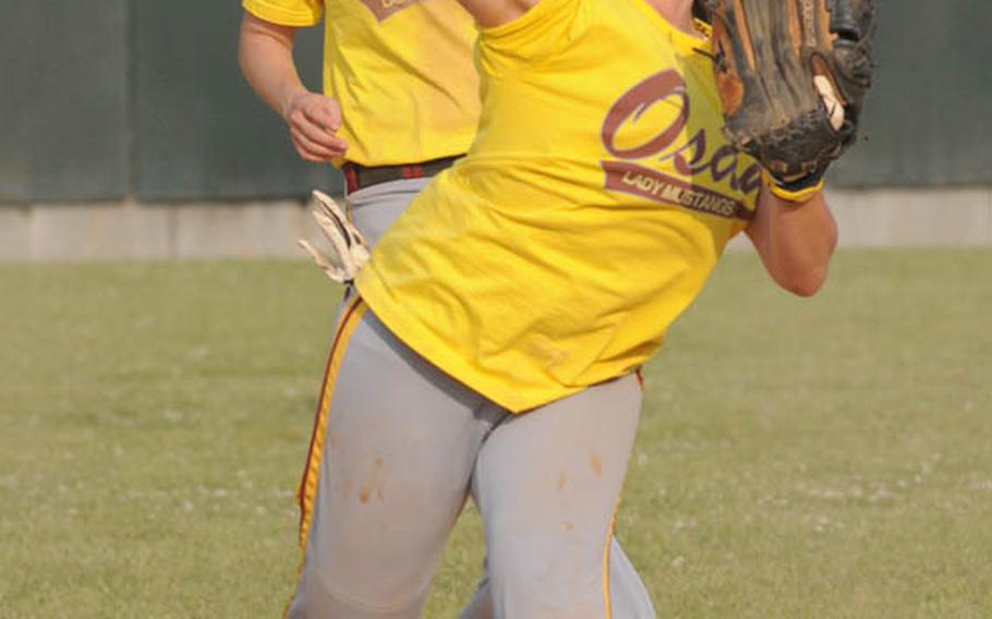 Osan Air Base second baseman Jessica Meadows throws to first against Daegu/Area IV as Osan shortstop Erin Moretti watches during Sunday&#39;s champion bracket game in the women&#39;s double-elimination playoff game in the 21st Pacificwide Open Interservice Softball Tournament at Field 3, FourPlex at Lombardo Field, South Post, Yongsan Garrison, South Korea. Osan edged Daegu 10-9.