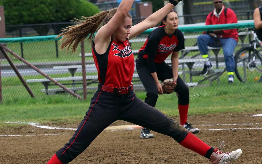 Nile C. Kinnick's Kim Nelson delivers against Zama American during Friday's single-elimination playoff game in the DODEA Japan softball tournament. The Red Devils lost to the Trojans 16-3.