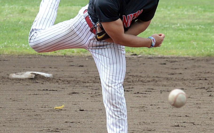 Nile C. Kinnick right-hander Kacey Walker delivers against Yokota during Friday's round-robin game in the DODEA Japan baseball tournament. The Panthers edged the Red Devils 3-2.