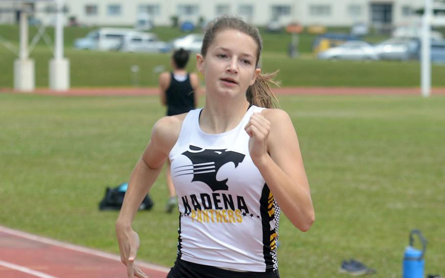Kadena's Grace Carey won the girls D-I triple jump, the first time the event was on the Far East meet program, and also took the 400 as a bonus.