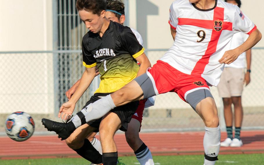 Nile C. Kinnick's Kai Sullivan, right, had 95 goals in three seasons, including 35 goals and 10 assists in 2019, helping lead the Red Devils to an 18-3-1 record and their first Far East Division I Tournament title.