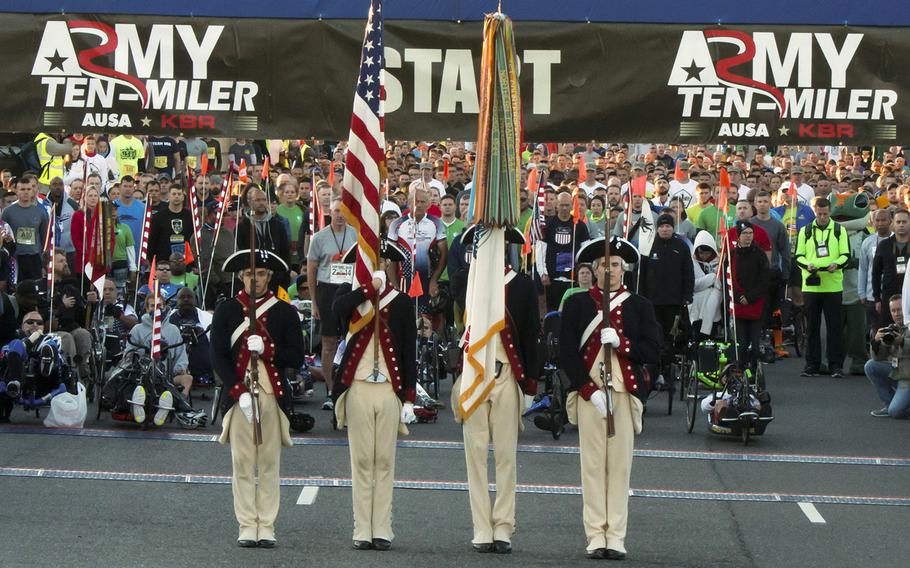 The color guard for the 31st Army Ten-Miler in Arlington, Va. and Washington, D.C., October 11, 2015.
