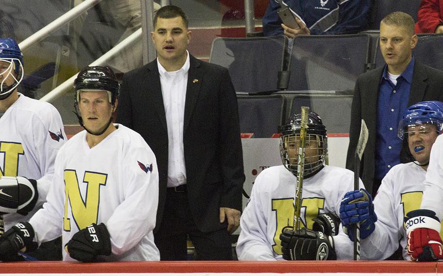 The Navy bench, during a hockey game against Army at Verizon Center in Washington, D.C., Dec. 5, 2016.
