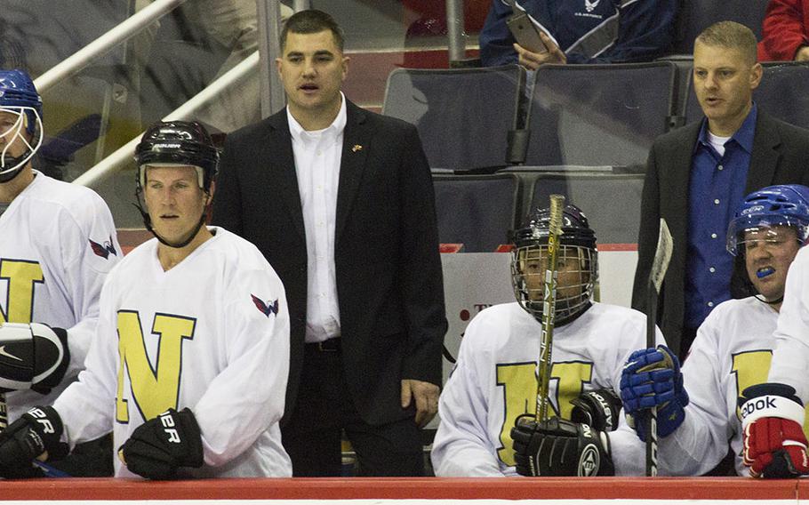 The Navy bench, during a hockey game against Army at Verizon Center in Washington, D.C., Dec. 5, 2016.
