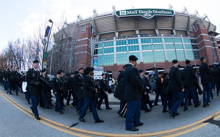 Soldiers march into M&T Bank Stadium in Baltimore hours before the Black Knights were to face off against the Midshipmen in the 117th Army-Navy game on Dec. 10, 2016.