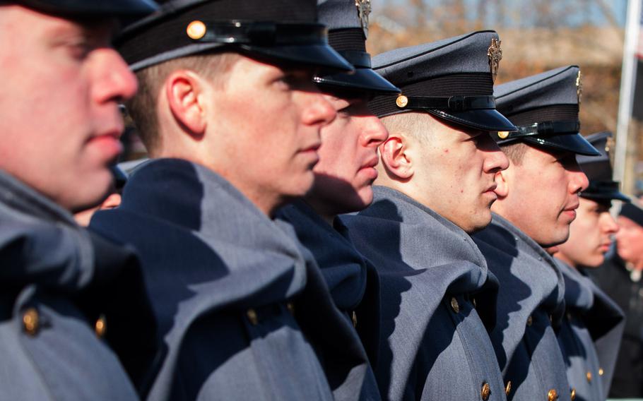 U.S. Military Academy cadets march into the stadium before the 117th Army-Navy game in Baltimore on Dec. 10, 2016.
