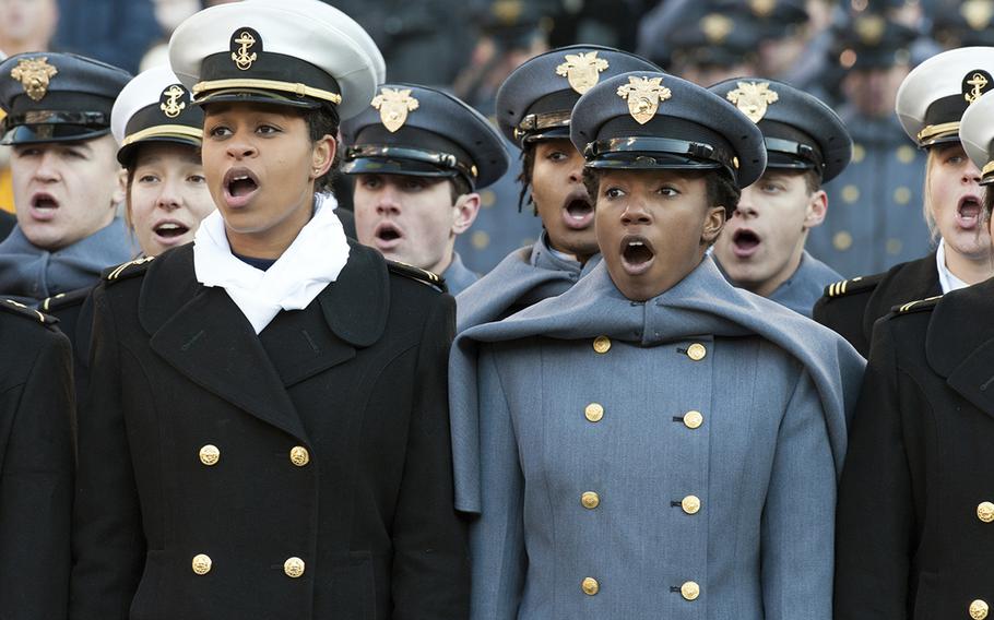 Glee clubs from West Point and the Naval Academy perform at the start of the Army-Navy game at M&T Bank Stadium in Baltimore, Md., Dec. 10, 2016. Army won, 21-17.