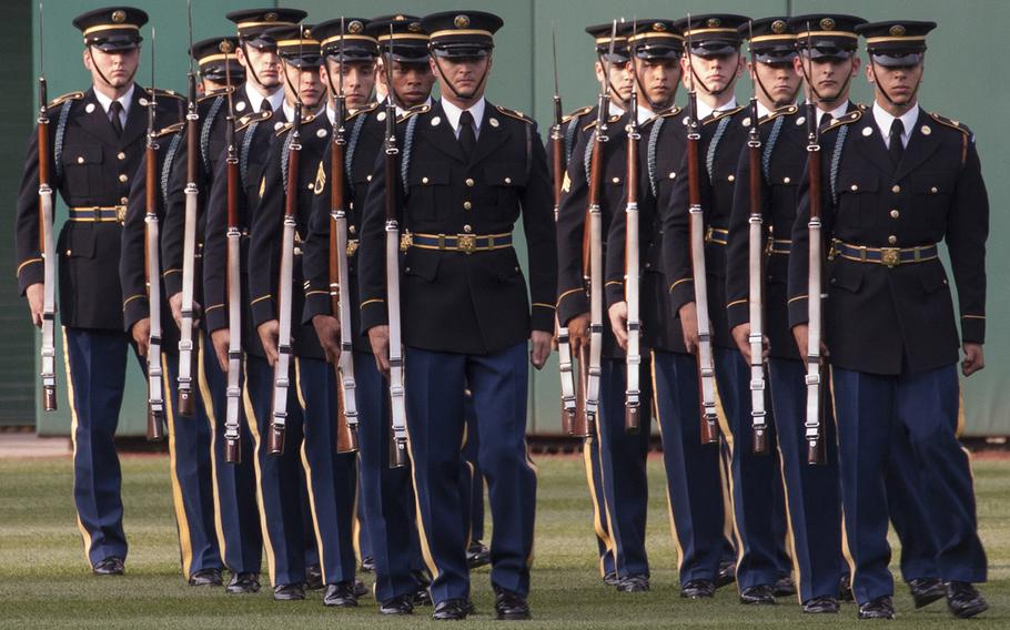 The U.S. Army Drill Team prepares to perform in center field before the game between the Washington Nationals and Atlanta Braves on U.S. Army Day at Nationals Park in Washington, D.C., June 12, 2017.