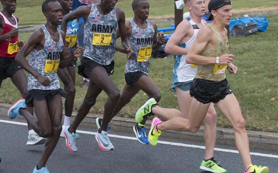 The lead pack in the Army Ten-Miler approaches the two-mile mark in Washington, D.C., Sunday, Oct. 8, 2017. U.S. Army Spc. Haron Lagat (2) was the eventual champion.