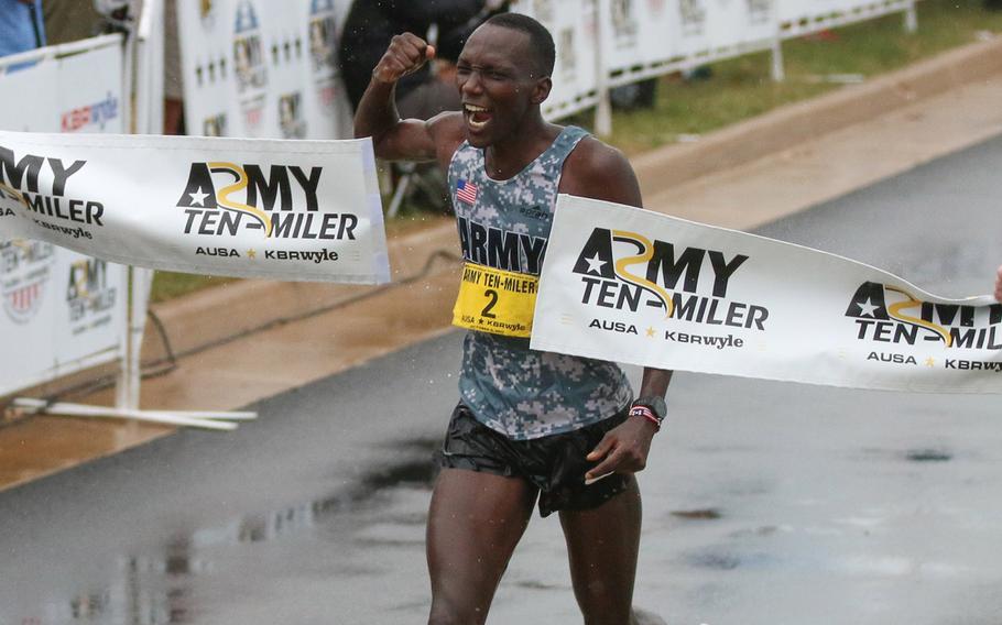 Spc. Haron Lagat was the first runner to cross the finish line at the Army-Ten Miler held in Washington D.C., on Oct. 8, 2017.