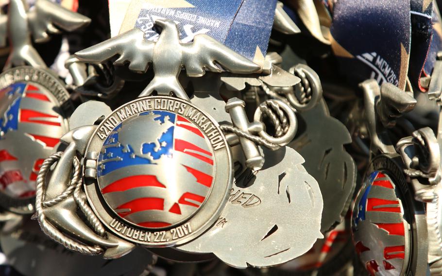 Volunteers handed out thousands upon thousands of these medals to finishers of the 42nd Marine Corps Marathon, held in Washington, D.C., on Oct. 22, 2017.