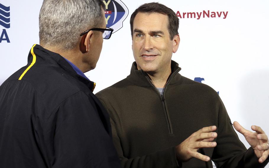 Retired Marine Lt. Col. and Hollywood comedic actor Rob Riggle, right, was on hand Friday, Dec. 8, 2017, for the pre-game media event hosted by USAA ahead of Saturday's Army-Navy game.