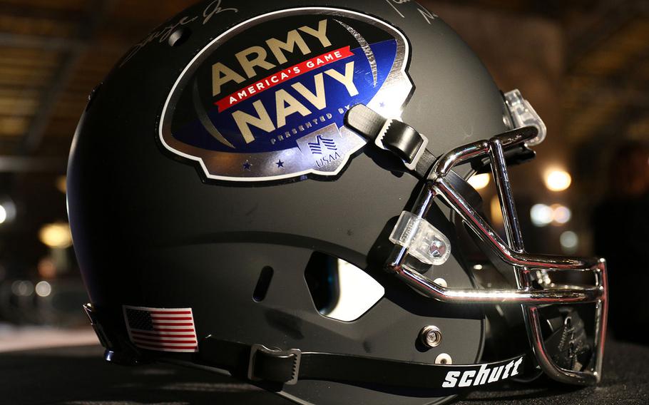 A helmet advertising the Army-Navy game is on display in Philadelphia on Friday, Dec. 8, 2017.