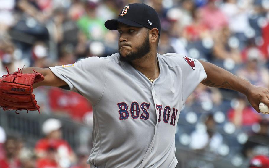 Boston Red Sox lefthander Eduardo Rodriguez fires a pitch to a Washington Nationals hitter on the way to his 10th win of the season, July 4, 2018 at Nationals Park in Washington, D.C.