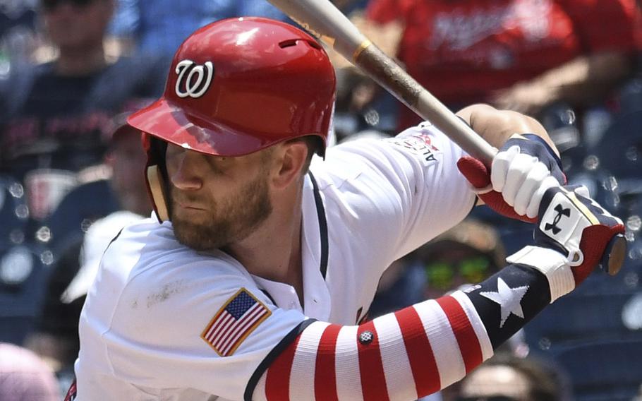 Bryce Harper of the Washington Nationals wears some patriotic attire for an Independence Day game against the Boston Red Sox at Nationals Park in Washington, D.C., July 4, 2018.