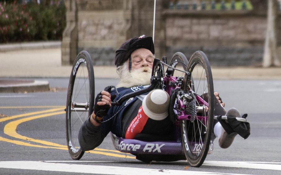A wheelchair and hand cycle participant of the 43rd Marine Corps Marathon on Oct. 28, 2018. 