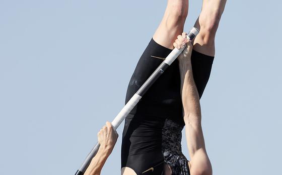 Sam Kendricks competes during the men's pole vault at the U.S. Championships athletics meet, Saturday, July 27, 2019, in Des Moines, Iowa. (AP Photo/Charlie Neibergall)