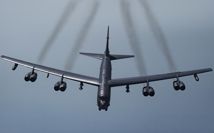 In this May 21, 2019 photo provided by the U.S. Air Force, a U.S. B-52H Stratofortress, prepares to fly over Southwest Asia, May 21, 2019.
