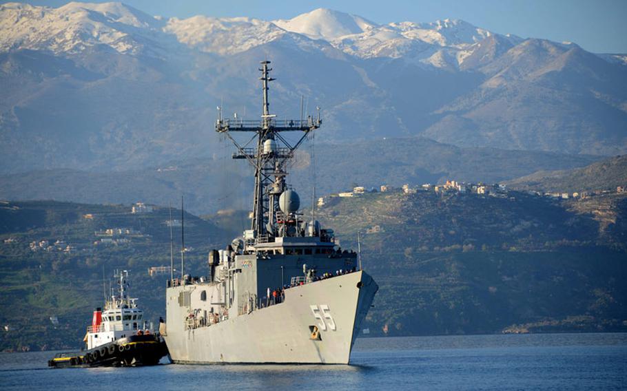 The guided-missile frigate USS Elrod arrives in Souda Bay for a scheduled port visit Feb. 16, 2014.