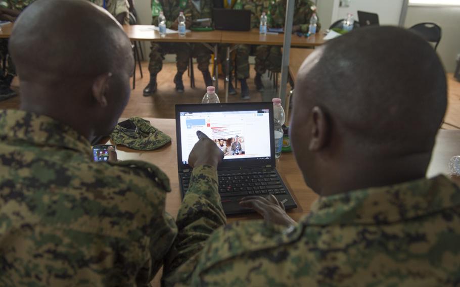 African Union and Somali soldiers practice messaging techniques using social media during a workshop in Mogadishu on March 2, 2017. Soldiers from the 101st Airborne Division have been dispatched to Somalia to help improve the capabilities of local forces.