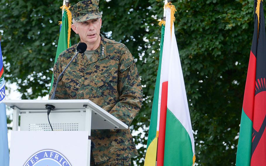 Gen. Thomas Waldhauser speaks after assuming command of U.S. Africa Command during a ceremony at U.S. Army Garrison Stuttgart, Germany, July 18, 2016. 