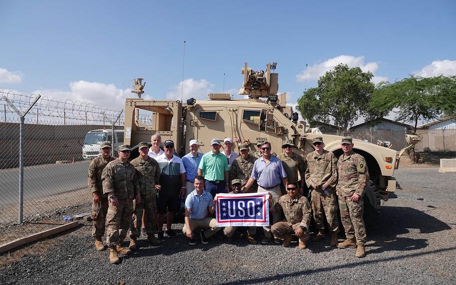 PGA TOUR executives and five players, including U.S. Naval Academy graduate Billy Hurley III, visit Camp Lemonnier in Djibouti, Africa with the USO this week.