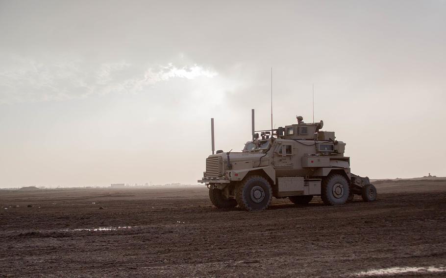 U.S. Marines operate a Cougar Mine Resistant Ambush Protected vehicle in southwestern Asia on Dec. 5, 2018. 
