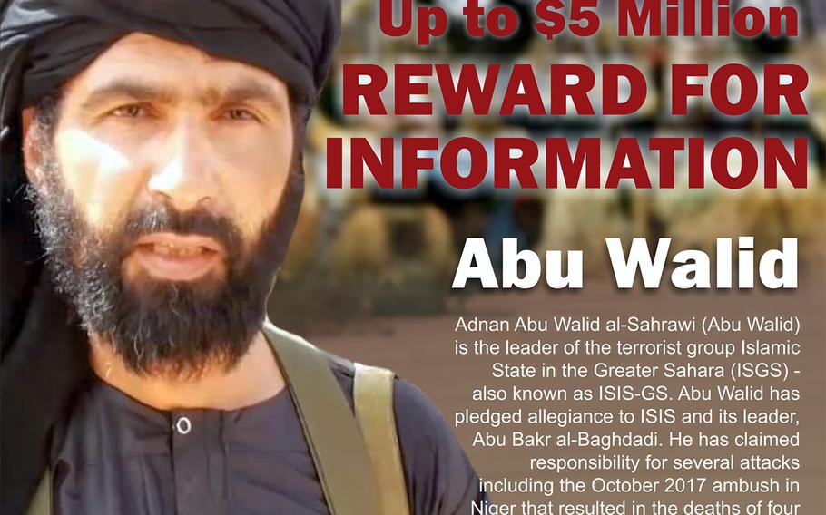 Part of a wanted poster for Adnan Abu Walid al-Sahrawi, the leader of the Islamic State in the Greater Sahara, which claimed responsibility for the October 2017 ambush near the village of Tongo Tongo, Niger.