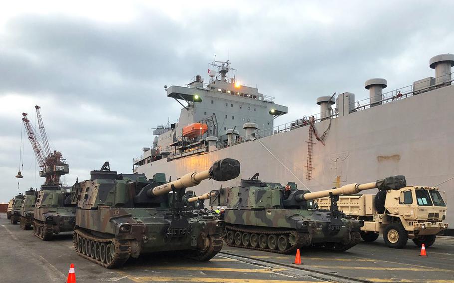 In a March 1, 2020 photo, M109A6 Paladins of the Utah Army National Guard are staged for movement from the port in Agadir, Morocco, to training areas where they were to be used as part of African Lion 20, the largest exercise in Africa.