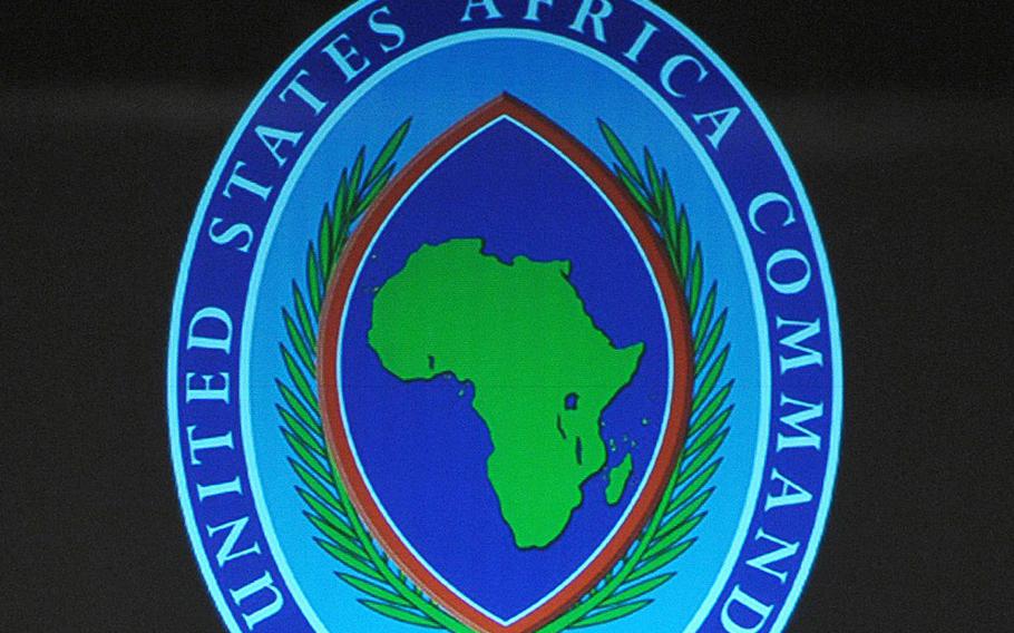 The AFRICOM logo is seen during a ceremony at the City Hall in Sindelfingen near Stuttgart, Germany, on March 9, 2011. 