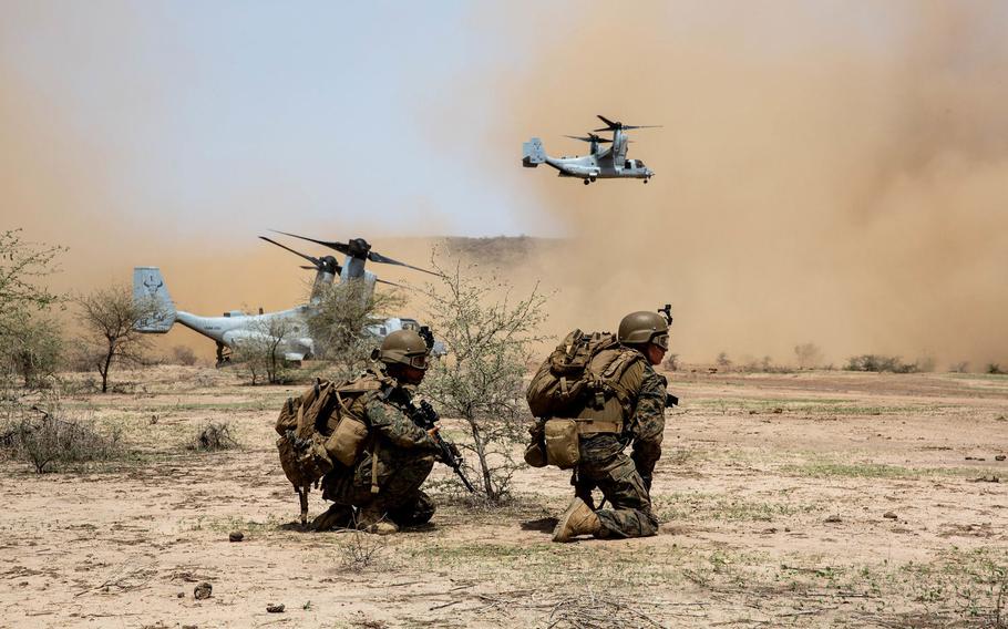 U.S. Marines with Special Purpose Marine Air-Ground Task Force-Crisis Response-Africa 19.2, Marine Forces Europe and Africa, prepare to extract from a landing zone during a quick response force rehearsal in Thiés, Senegal, Aug. 5, 2019. U.S. Africa Command is set to get more money in the 2021 defense budget than the Pentagon requested, to help with casualty evacuations and force protection.

