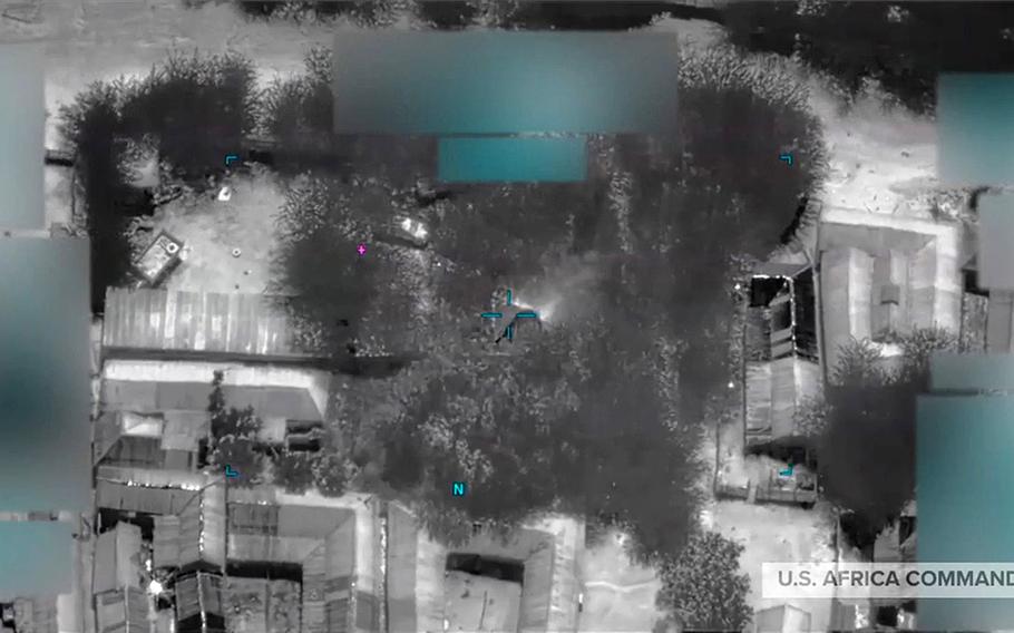 A screenshot from a video released by U.S. Africa Command showing the impact of the airstrikes conducted Dec. 10, 2020, that killed eight al-Shabab bomb makers in the vicinity of Jilib, Somalia.