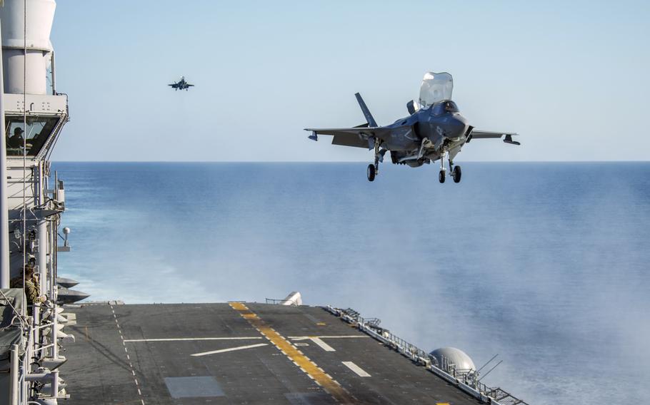 U.S. Marine Corps F-35B Lightning IIs with the15th Marine Expeditionary Unit prepare to land on the flight deck of the amphibious assault ship USS Makin Island in the Indian Ocean, Dec. 18, 2020.

