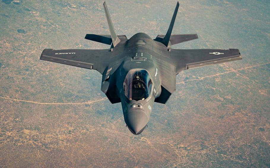 A U.S. Marine Corps F-35B Lightning II, assigned to the15th Marine Expeditionary Unit, departs after in-flight refueling while supporting Operation Octave Quartz over Somalia, Jan. 5, 2021. The U.S. launched its first airstrike Jan. 18 on al-Qaida-aligned militants in Somalia since recently withdrawing its ground forces from the country.

