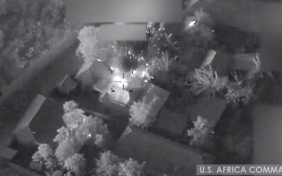 A screenshot from a U.S. Africa Command video shows airstrikes on an al-Shabab compound in Somalia on Jan. 1, 2021. AFRICOM now needs White House approval to launch airstrikes against militants in the country, The New York Times reported, citing unnamed U.S. officials.

