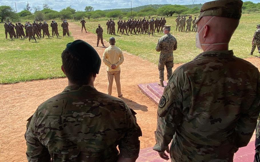 U.S. special operations forces and Mozambican marines assemble, after the two countries launched a two-month anti-terrorism training program on March 15, 2021.