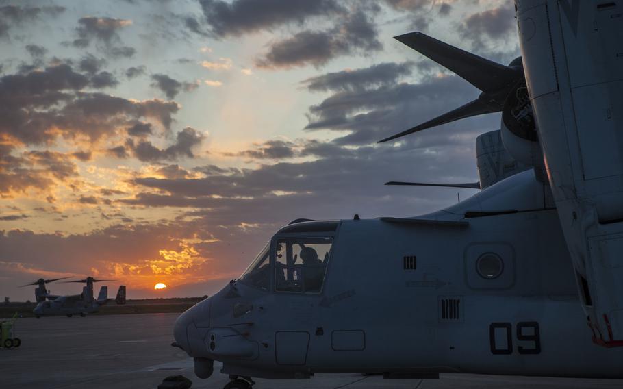 A U.S. Marine Corps MV-22B Osprey rests at Moron Air Base, Spain, March 29, 2019. Marine Medium Tiltrotor Squadron 261 (Reinforced) arrived at Moron on April 1, 2021, for a rotation in support of U.S. Africa Command’s North and West Africa Response Force.

