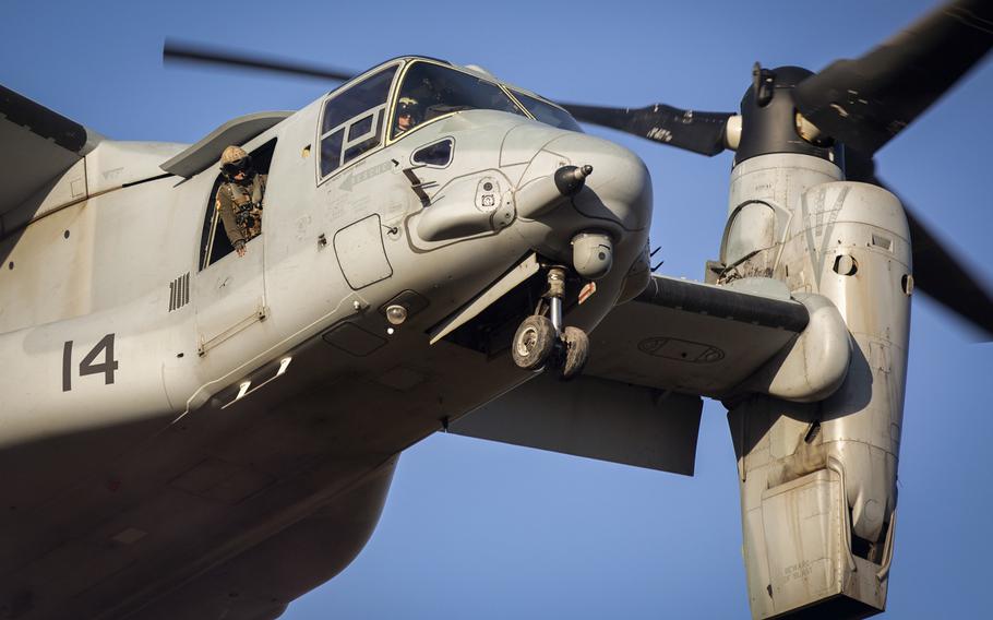 Cpl. Austin Eslinger observes the landing zone at Hunter Army Airfield, Savannah, Ga., for an MV-22B Osprey assigned to Marine Medium Tiltrotor Squadron 261, Dec. 10, 2020. The squadron arrived at Moron Air Base in Spain last week for a rotation in support of U.S. Africa Command’s North and West Africa Response Force. 

