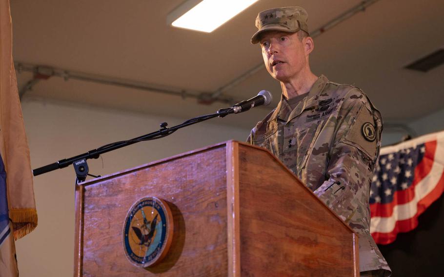U.S. Army Maj. Gen. William L. Zana, incoming Combined Joint Task Force - Horn of Africa commander, speaks to the audience during a ceremony at Camp Lemonnier, Djibouti, May 15, 2021. 

