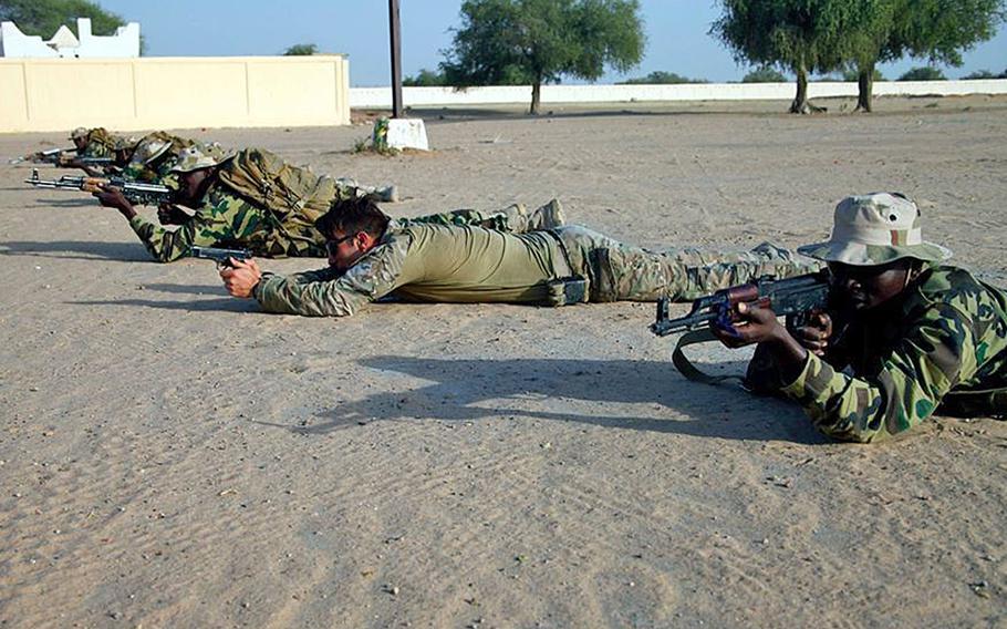 A U.S. Army soldier from 10th Special Forces Group (Airborne) at Fort Carson, Colo., demonstrates to Chadian forces assault positions while conducting ambush operations during Exercise Flintlock '15 at Moussoro, Chad, Feb. 20, 2015.