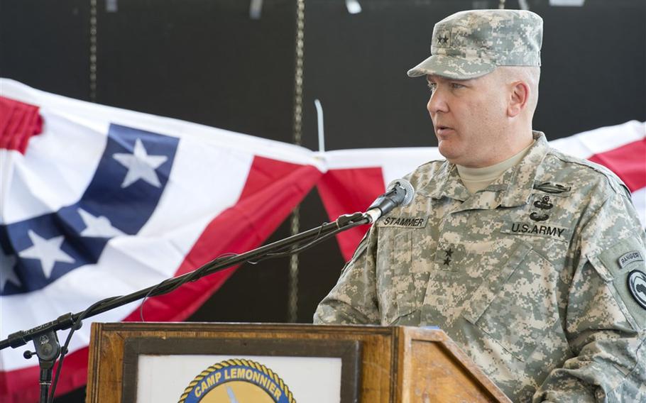 U.S. Army Maj. Gen. Mark Stammer, incoming commander of Combined Joint Task Force-Horn of Africa, delivers remarks during a change-of-command ceremony at Camp Lemonnier, Djibouti, April 14, 2015.