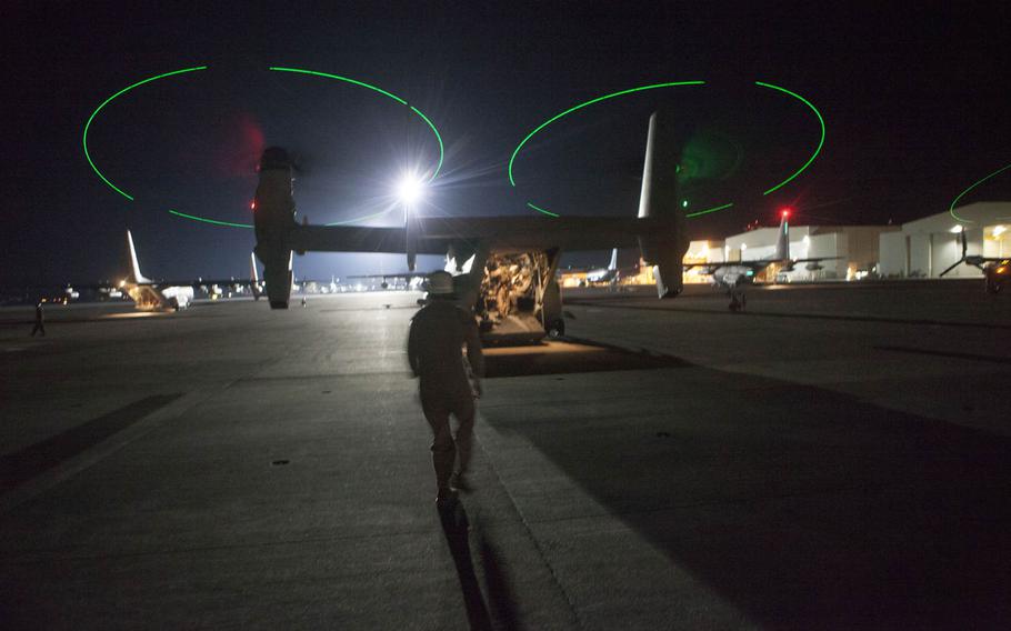 MV-22B Osprey aircraft from Special-Purpose Marine Air-Ground Task Force Crisis Response prepare to leave Naval Air Station Sigonella, Italy, to escort approximately 150 personnel from the U.S. Embassy in Tripoli, Libya, on the morning of July 26, 2014. SP-MAGTF Crisis Response is a self-deploying, self-sustaining task force with the capacity to provide a rapid-response capability to U.S. Africa Command.