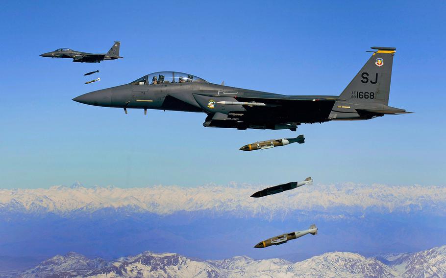 Air Force F-15E Strike Eagles drop 2,000-pound joint direct attack munitions. A recent Amnesty International report found that U.S. Africa Command airstikes in Somalia have killed civilians.