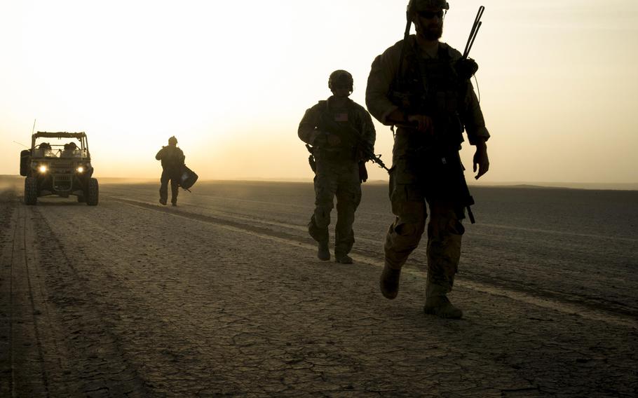 Pararescuemen participate in a training exercise at Grand Bara, Djibouti, in 2017. A study sponsored by U.S. Africa Command found that low-quality hospitals and long travel times in Africa pose a risk for troops, and recommended cutting alert times for rescue aircraft and mobile surgical teams to boost survival rates.