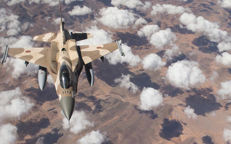 A Royal Moroccan Air Force F-16 prepares to rejoin the formation after receiving fuel from a KC-135 Stratotanker during an exercise on April 1, 2019. The U.S. military on Sept. 12, 2019 announced the sale of nearly $1 billion in missiles and other weaponry to Morocco had been cleared, including $209 million in bombs to arm Moroccan F-16 fighters.