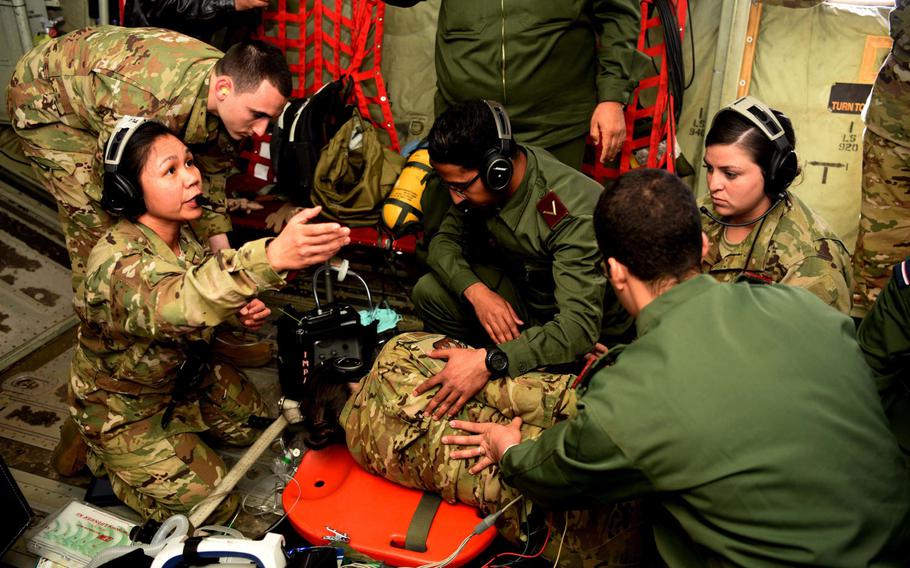 Members of U.S. Air Force's 86th Aeromedical Evacuation Squadron and the Moroccan Royal Armed Forces medical personnel perform training drills on a C-130J Super Hercules during exercise African Lion 2019 on Kenitra Air Base, Morocco, in March 2019. AFRICOM has scaled back African Lion in 2020 amid fears of the coronavirus.
