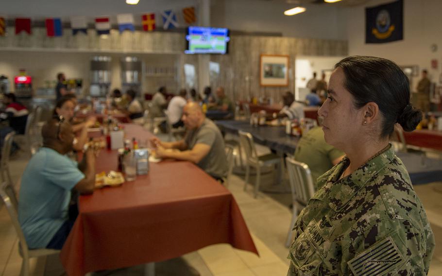 Petty Officer 2nd Class Amy Garza stands watch at Camp Lemonnier, Djibouti, to ensure social distancing and galley regulations are adhered to in early April 2020. U.S. Army Maj. Gen. Michael D. Turello, commander of Combined Joint Task Force-Horn of Africa, declared a public health emergency for U.S. personnel in the east African country, where the number of coronavirus cases doubled in one week.
