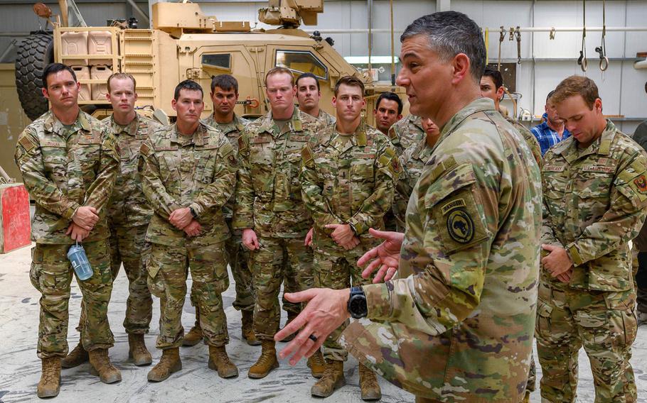 U.S. Army Gen. Stephen J. Townsend, commander, U.S. Africa Command, addresses U.S. military service members at Camp Simba, Kenya, Feb. 12, 2020. The U.S. wants permission to strike terrorists in Kenya, where three Americans were killed by al-Shabab earlier this year.