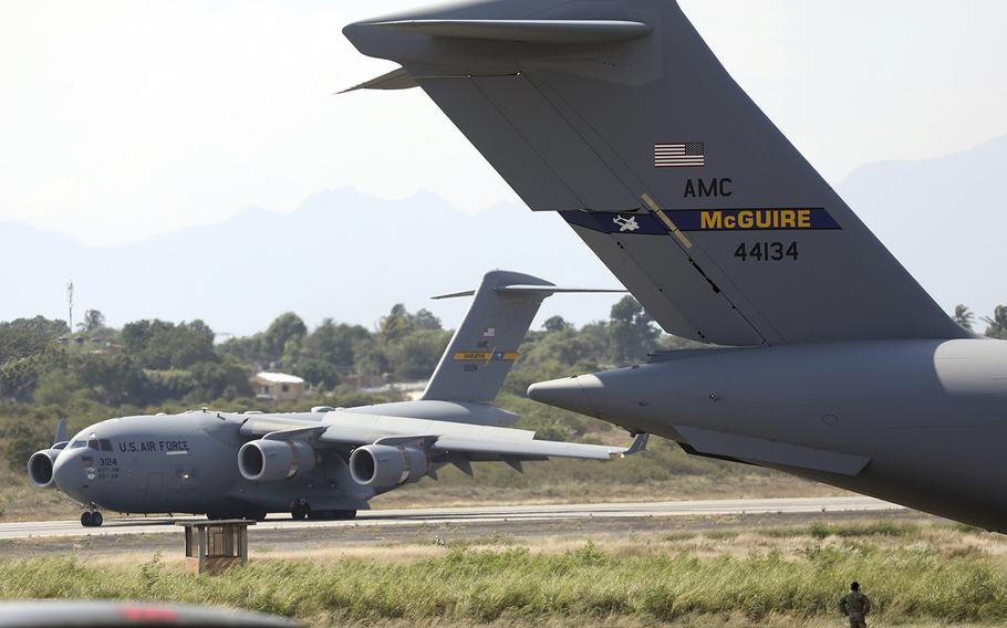 A second United States Air Force C-17 cargo plane loaded with humanitarian aid lands at Camilo Daza airport in Cucuta, Colombia, Saturday, Feb. 16, 2019. The U.S. Air Force has begun flying tons of aid to a Colombian town on the Venezuelan border as part of an effort meant to undermine socialist President Nicolas Maduro.